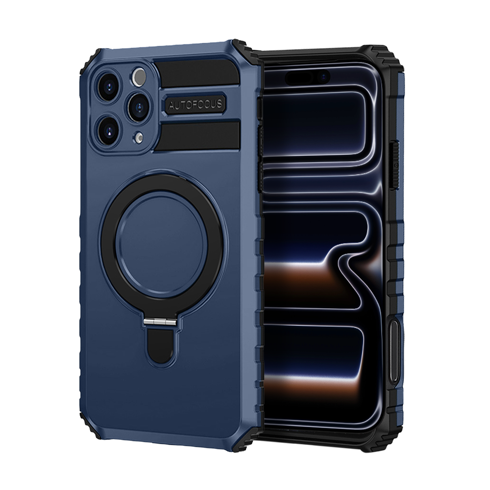 Etui do iPhone 17 Pro Max, pancerne, z osłoną aparatu i metalową podstawką MagSafe, granatowe