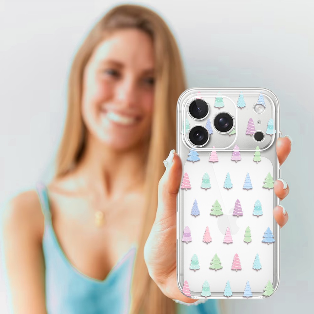 Etui do iPhone 17 Pro, pastelowe choinki, święta, przeźroczyste (2)