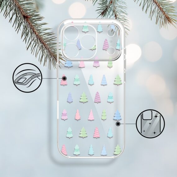 Etui do iPhone 17 Pro, pastelowe choinki, święta, przeźroczyste (5)