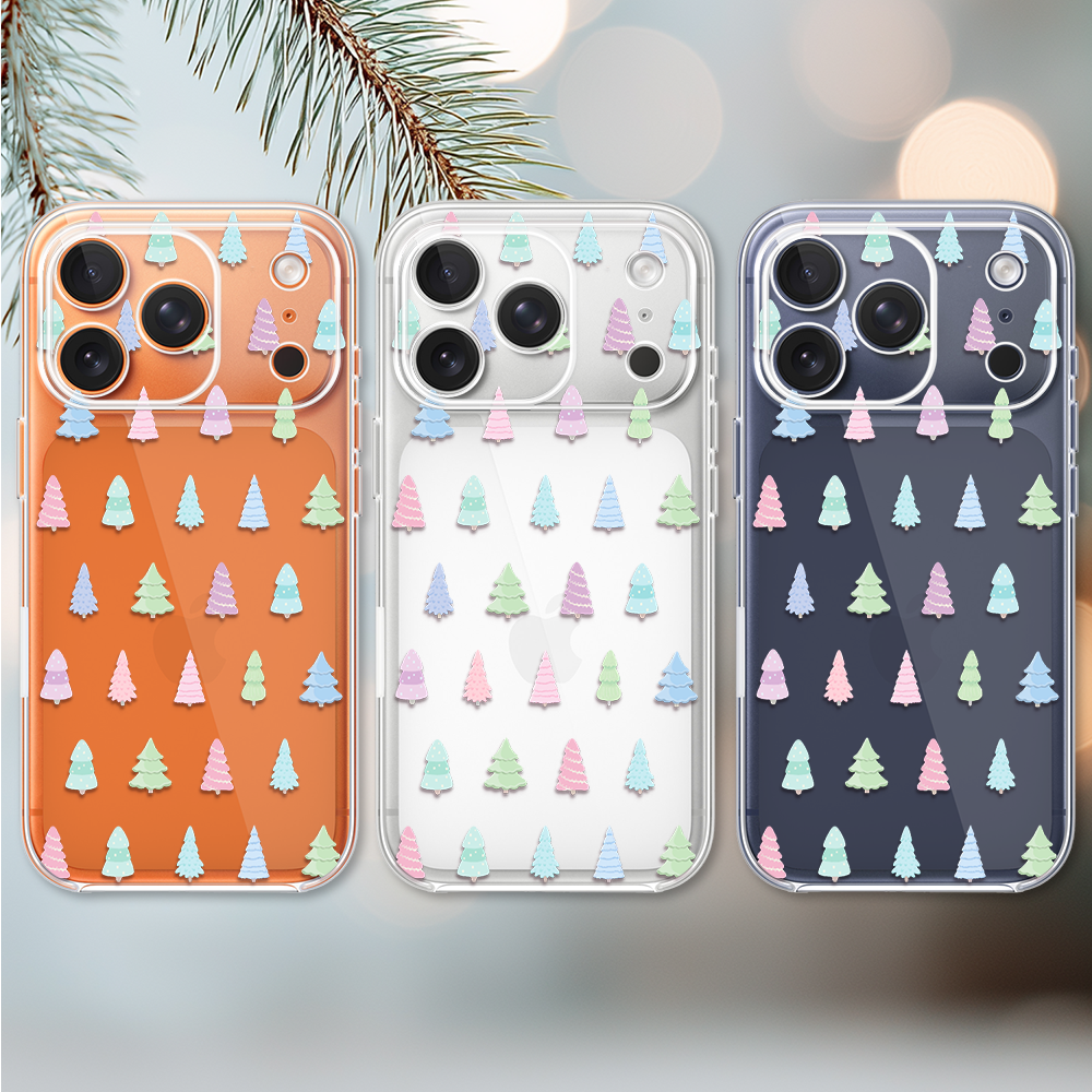 Etui do iPhone 17 Pro, pastelowe choinki, święta, przeźroczyste (6)