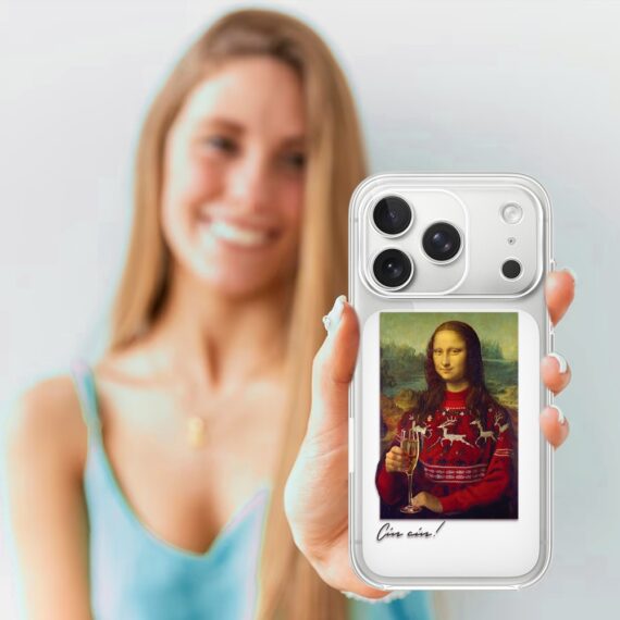 Etui do iPhone 17 Pro, świąteczna Mona Lisa z szampanem, przeźroczyste (2)