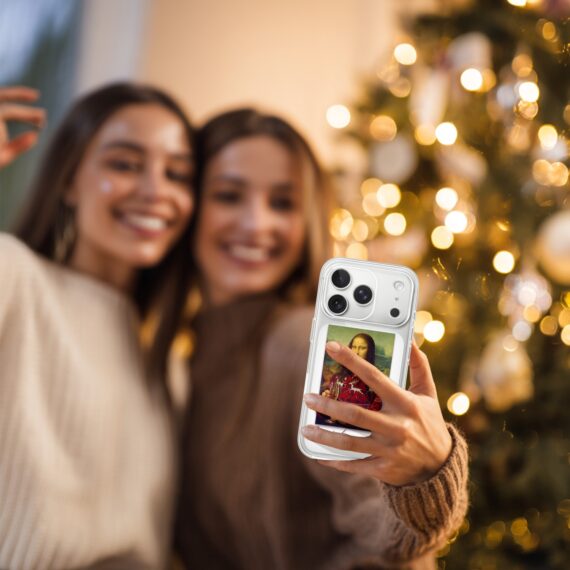 Etui do iPhone 17 Pro, świąteczna Mona Lisa z szampanem, przeźroczyste (3)