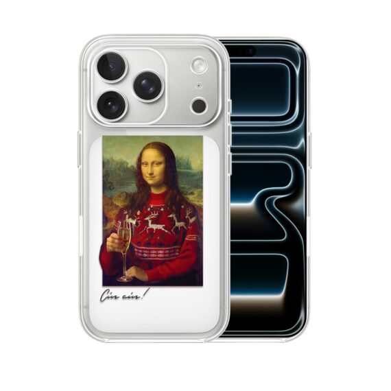 Etui do iPhone 17 Pro, świąteczna Mona Lisa z szampanem, przeźroczyste (4)
