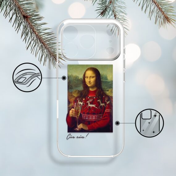 Etui do iPhone 17 Pro, świąteczna Mona Lisa z szampanem, przeźroczyste (5)