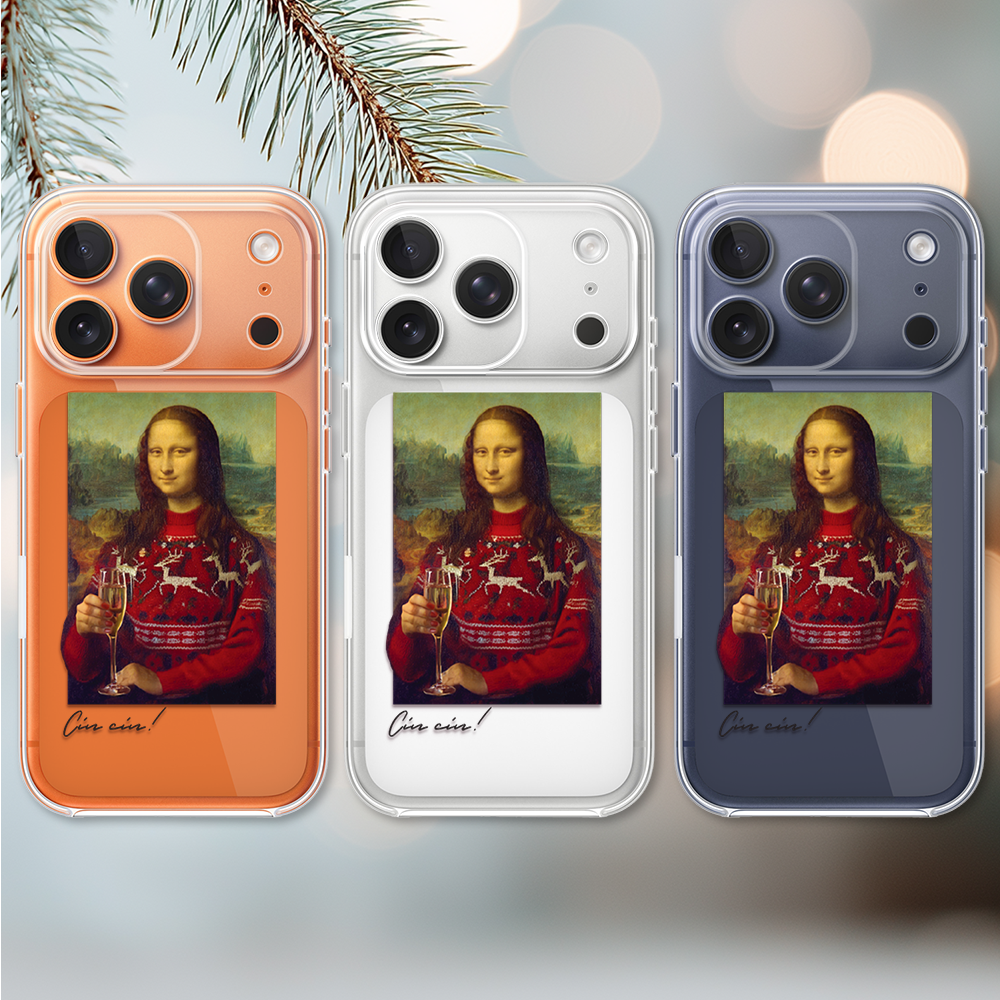 Etui do iPhone 17 Pro, świąteczna Mona Lisa z szampanem, przeźroczyste (6)