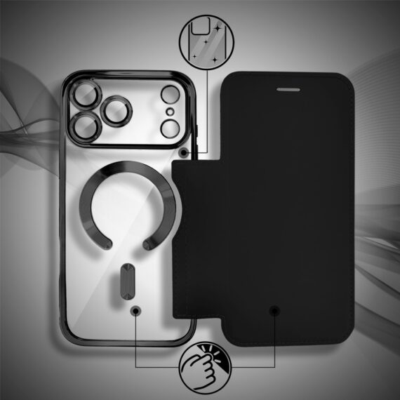 Etui do iPhone 17 Pro typu książka Book Magsafe Lens Protect, z klapką, czarne (2)
