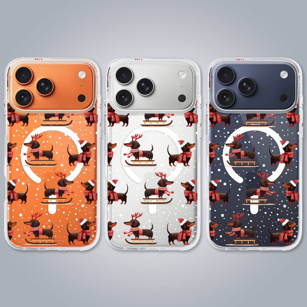 Etui-do-iPhone-17-Pro-z-MagSafe-Przytulne-swieta-Jamniki-na-saniach-przezroczyste-3
