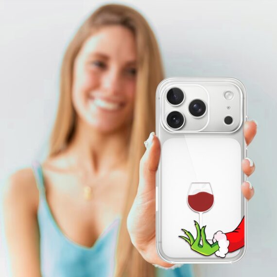 Etui do iPhone 17 Pro, zielony psotnik z lampką wina, przeźroczyste (3)