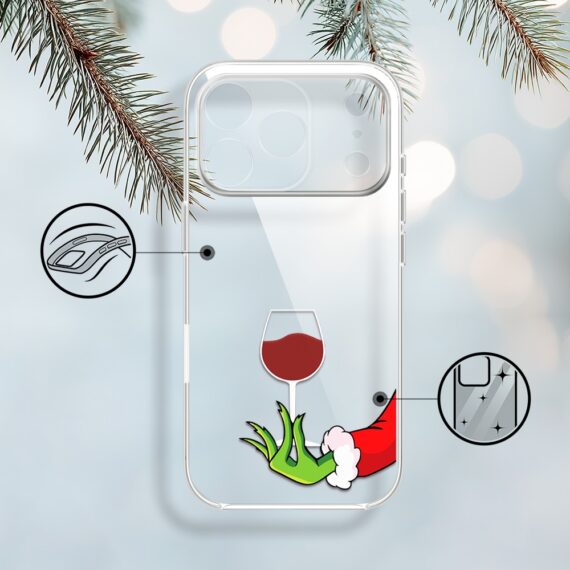 Etui do iPhone 17 Pro, zielony psotnik z lampką wina, przeźroczyste (6)