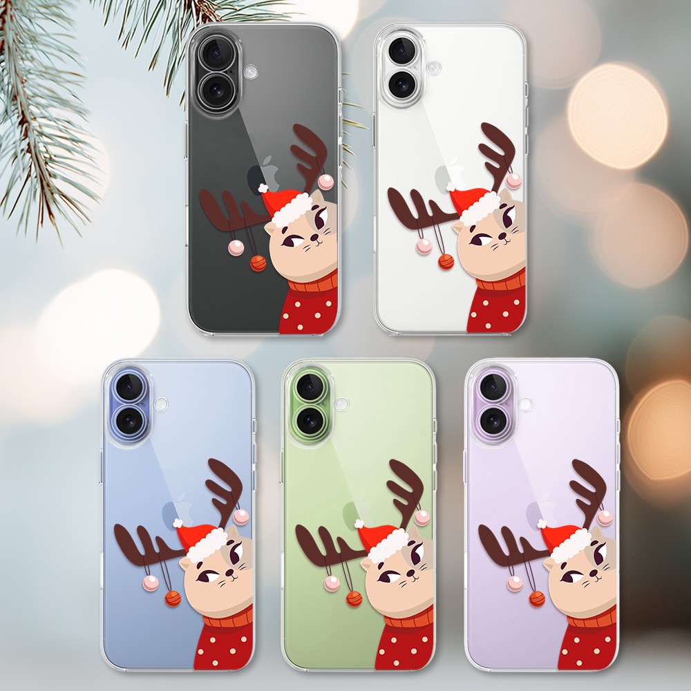 Etui do iPhone 17, kotek przebrany za reniferka, przeźroczyste (3)