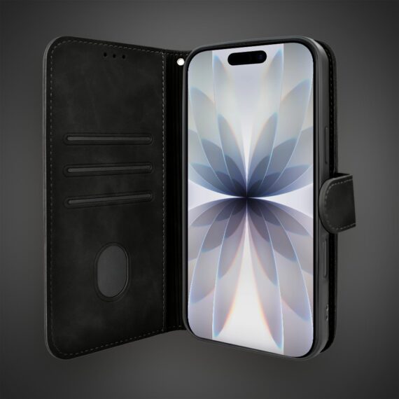 Etui do iPhone 17 książkowe Velvet Touch, aksamitne, portfelowe z zamknięciem, czarne (2)