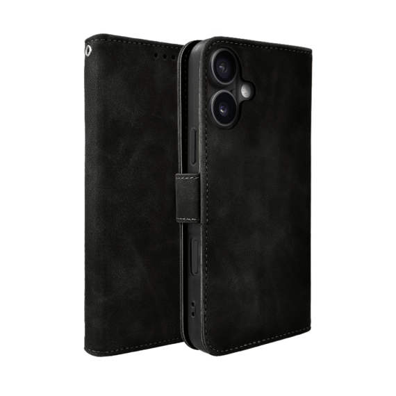 Etui do iPhone 17 książkowe Velvet Touch, aksamitne, portfelowe z zamknięciem, czarne (3)