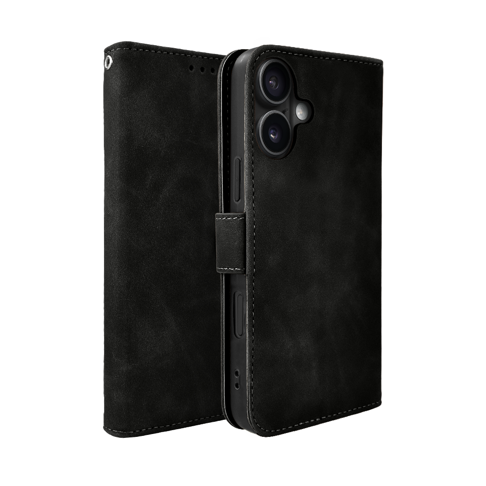 Etui do iPhone 17 książkowe Velvet Touch, aksamitne, portfelowe z zamknięciem, czarne