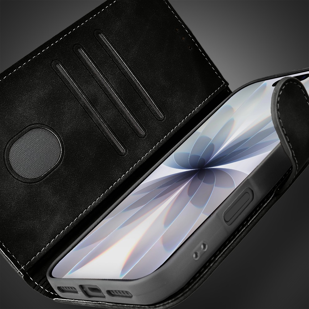 Etui do iPhone 17 książkowe Velvet Touch, aksamitne, portfelowe z zamknięciem, czarne (5)