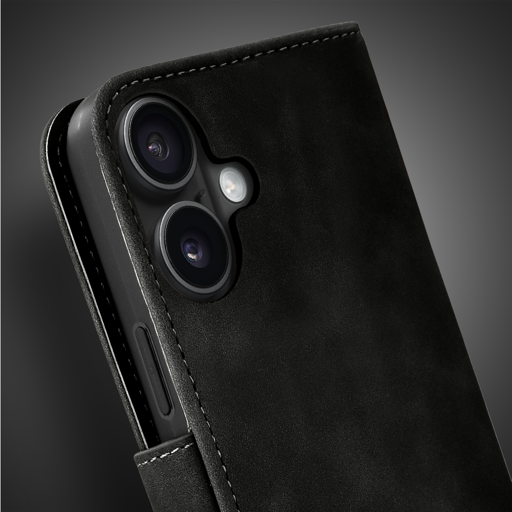 Etui do iPhone 17 książkowe Velvet Touch, aksamitne, portfelowe z zamknięciem, czarne (7)