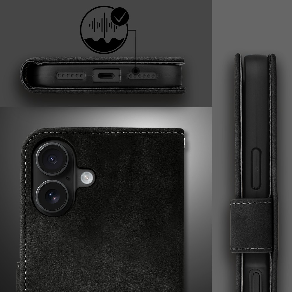 Etui do iPhone 17 książkowe Velvet Touch, aksamitne, portfelowe z zamknięciem, czarne (8)