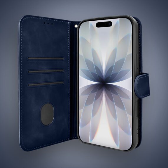 Etui do iPhone 17 książkowe Velvet Touch, aksamitne, portfelowe z zamknięciem, granatowe (2)
