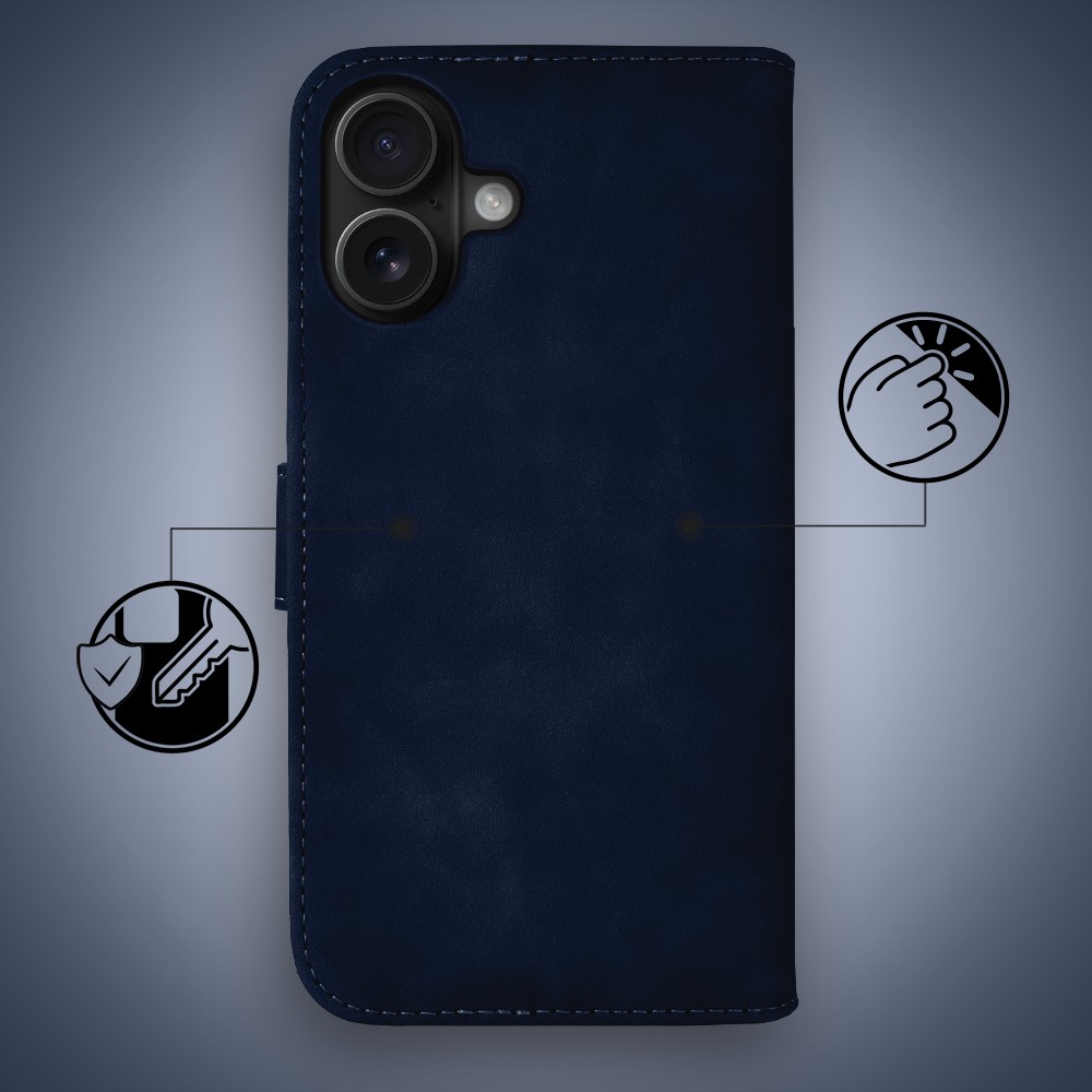 Etui do iPhone 17 książkowe Velvet Touch, aksamitne, portfelowe z zamknięciem, granatowe (4)