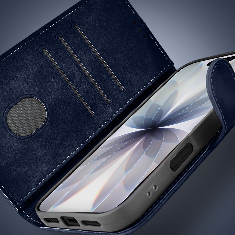 Etui do iPhone 17 książkowe Velvet Touch, aksamitne, portfelowe z zamknięciem, granatowe (5)