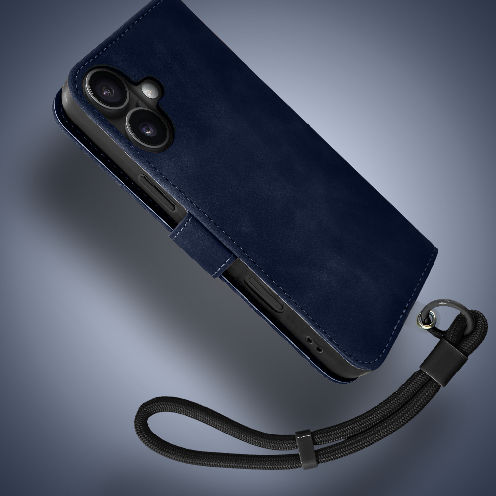 Etui do iPhone 17 książkowe Velvet Touch, aksamitne, portfelowe z zamknięciem, granatowe (6)