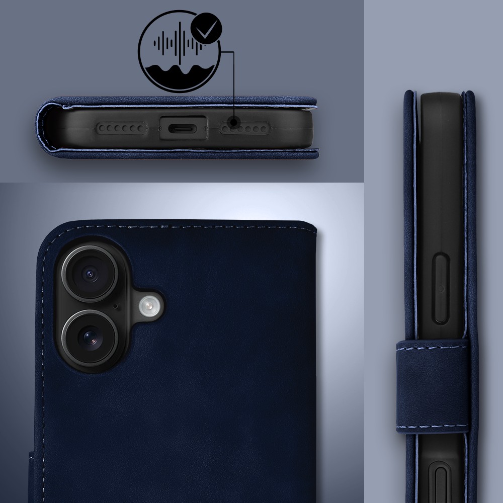 Etui do iPhone 17 książkowe Velvet Touch, aksamitne, portfelowe z zamknięciem, granatowe (8)