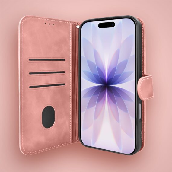 Etui do iPhone 17 książkowe Velvet Touch, aksamitne, portfelowe z zamknięciem, różowe (2)