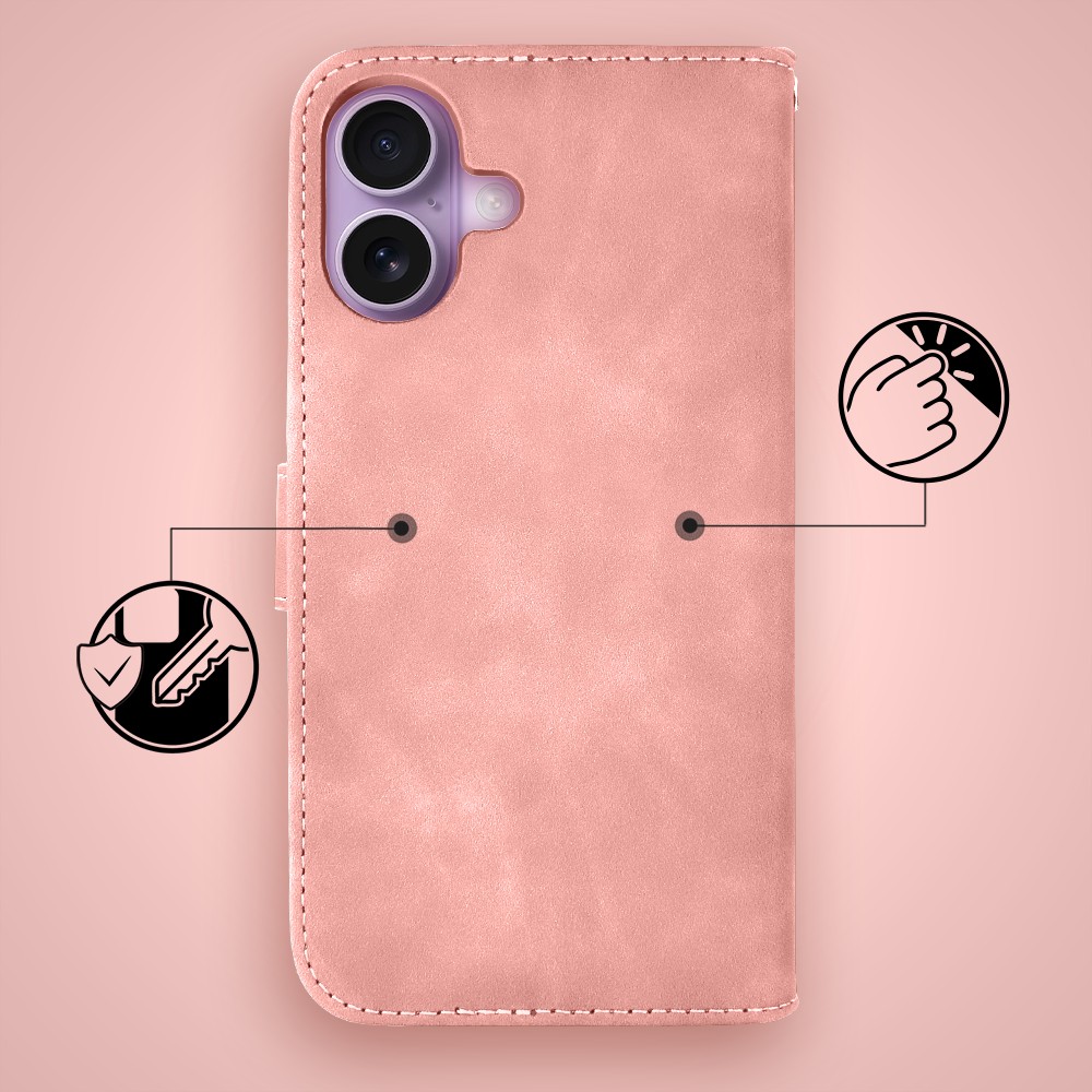 Etui do iPhone 17 książkowe Velvet Touch, aksamitne, portfelowe z zamknięciem, różowe (4)