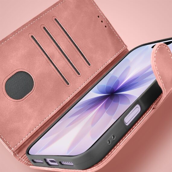 Etui do iPhone 17 książkowe Velvet Touch, aksamitne, portfelowe z zamknięciem, różowe (5)