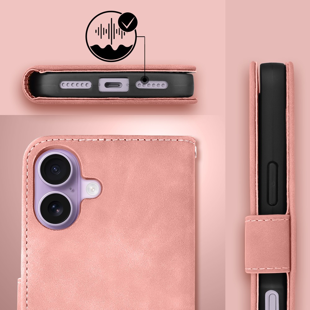 Etui do iPhone 17 książkowe Velvet Touch, aksamitne, portfelowe z zamknięciem, różowe (8)