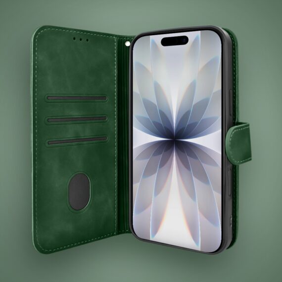 Etui do iPhone 17 książkowe Velvet Touch, aksamitne, portfelowe z zamknięciem, zielone (3)