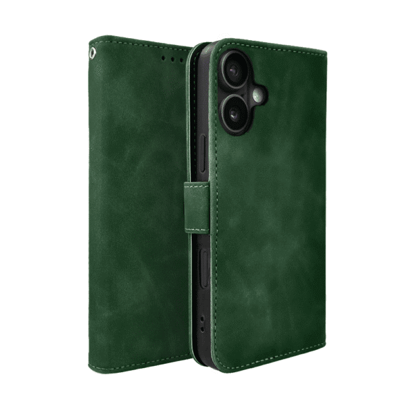 Etui do iPhone 17 książkowe Velvet Touch, aksamitne, portfelowe z zamknięciem, zielone