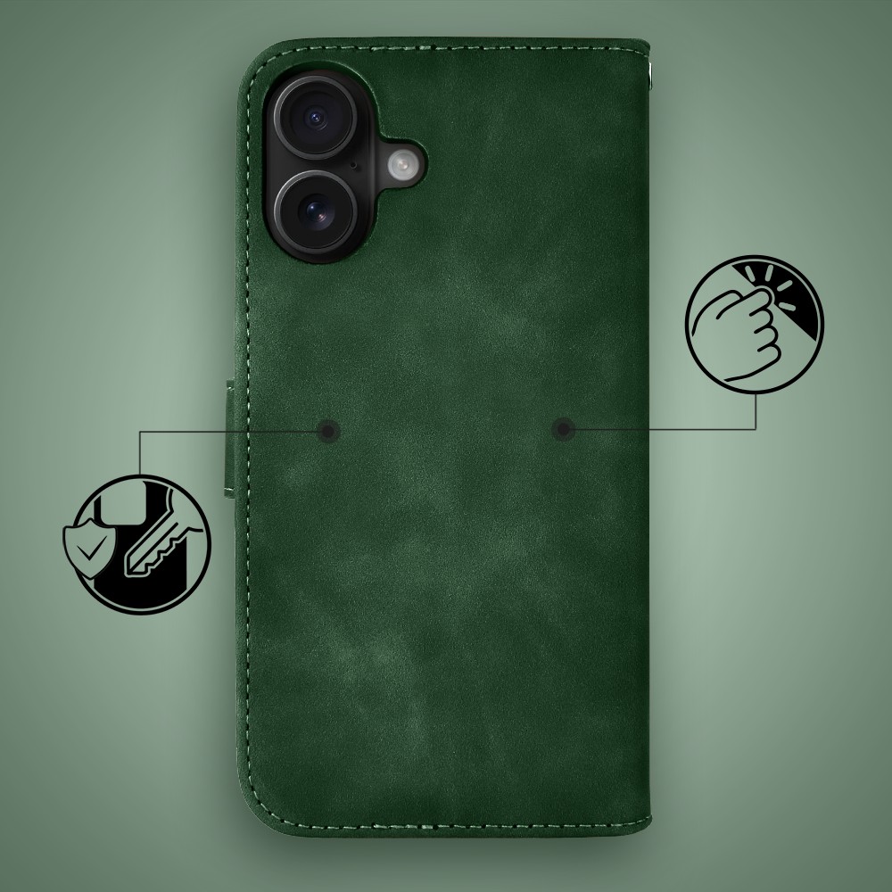Etui do iPhone 17 książkowe Velvet Touch, aksamitne, portfelowe z zamknięciem, zielone (5)