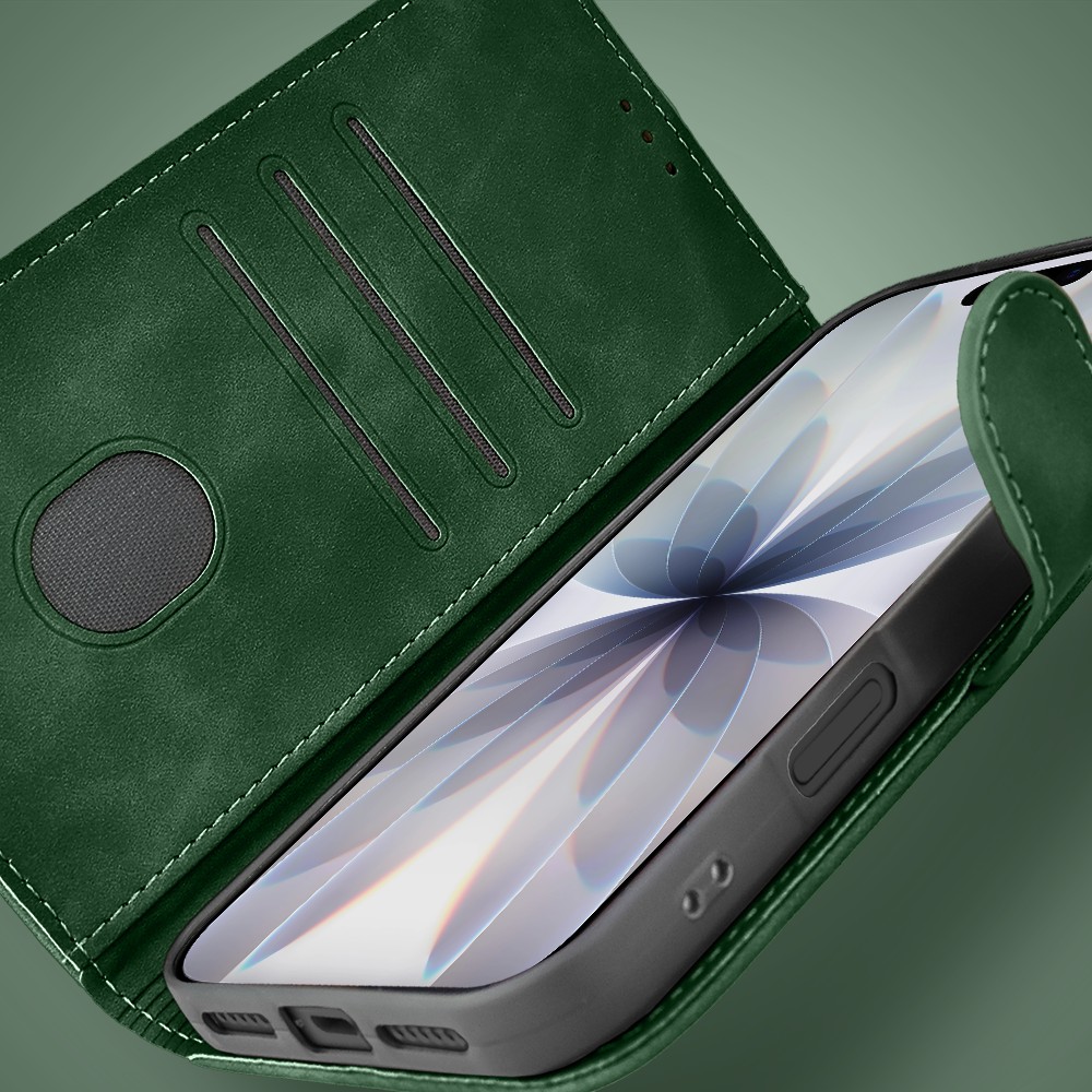 Etui do iPhone 17 książkowe Velvet Touch, aksamitne, portfelowe z zamknięciem, zielone (6)