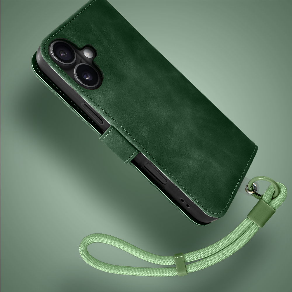Etui do iPhone 17 książkowe Velvet Touch, aksamitne, portfelowe z zamknięciem, zielone (7)