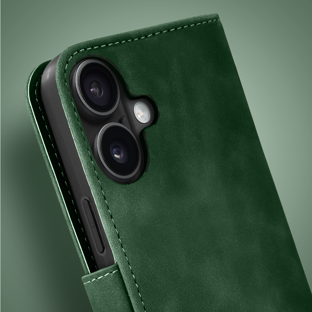 Etui do iPhone 17 książkowe Velvet Touch, aksamitne, portfelowe z zamknięciem, zielone (8)