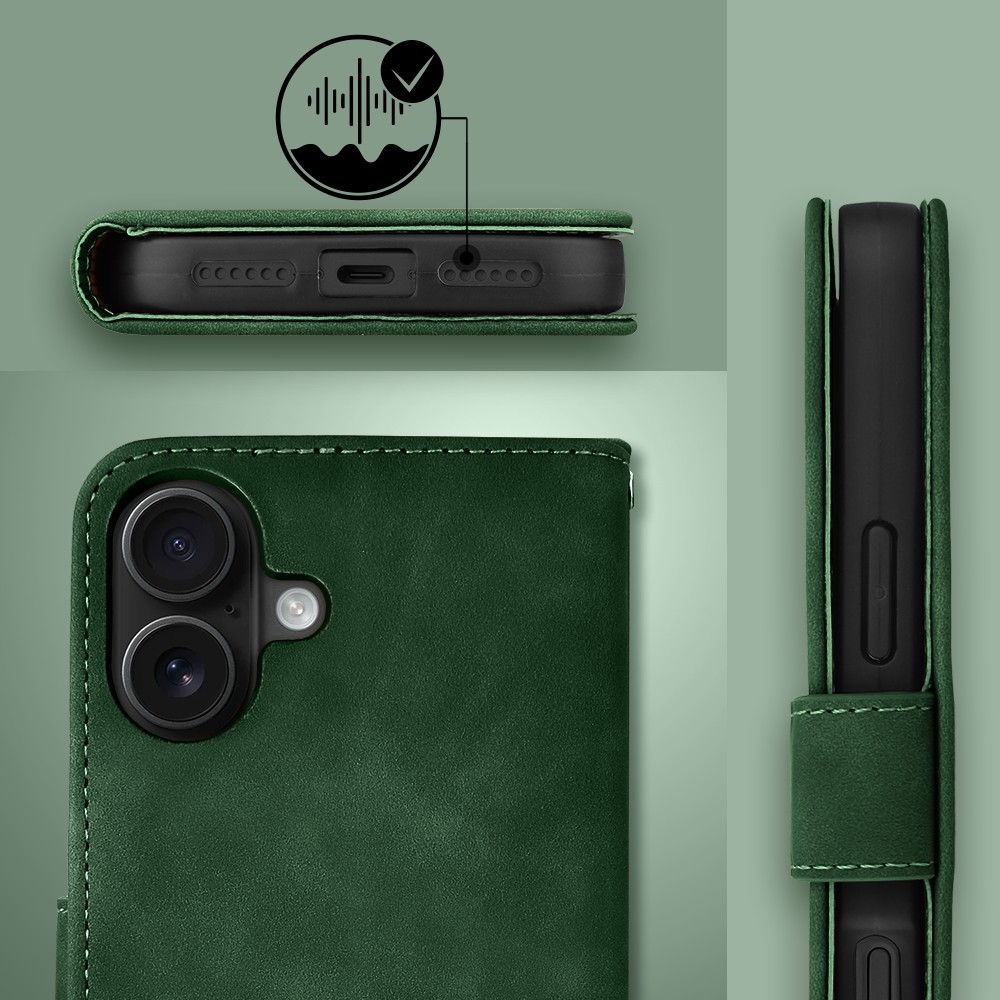 Etui do iPhone 17 książkowe Velvet Touch, aksamitne, portfelowe z zamknięciem, zielone (9)