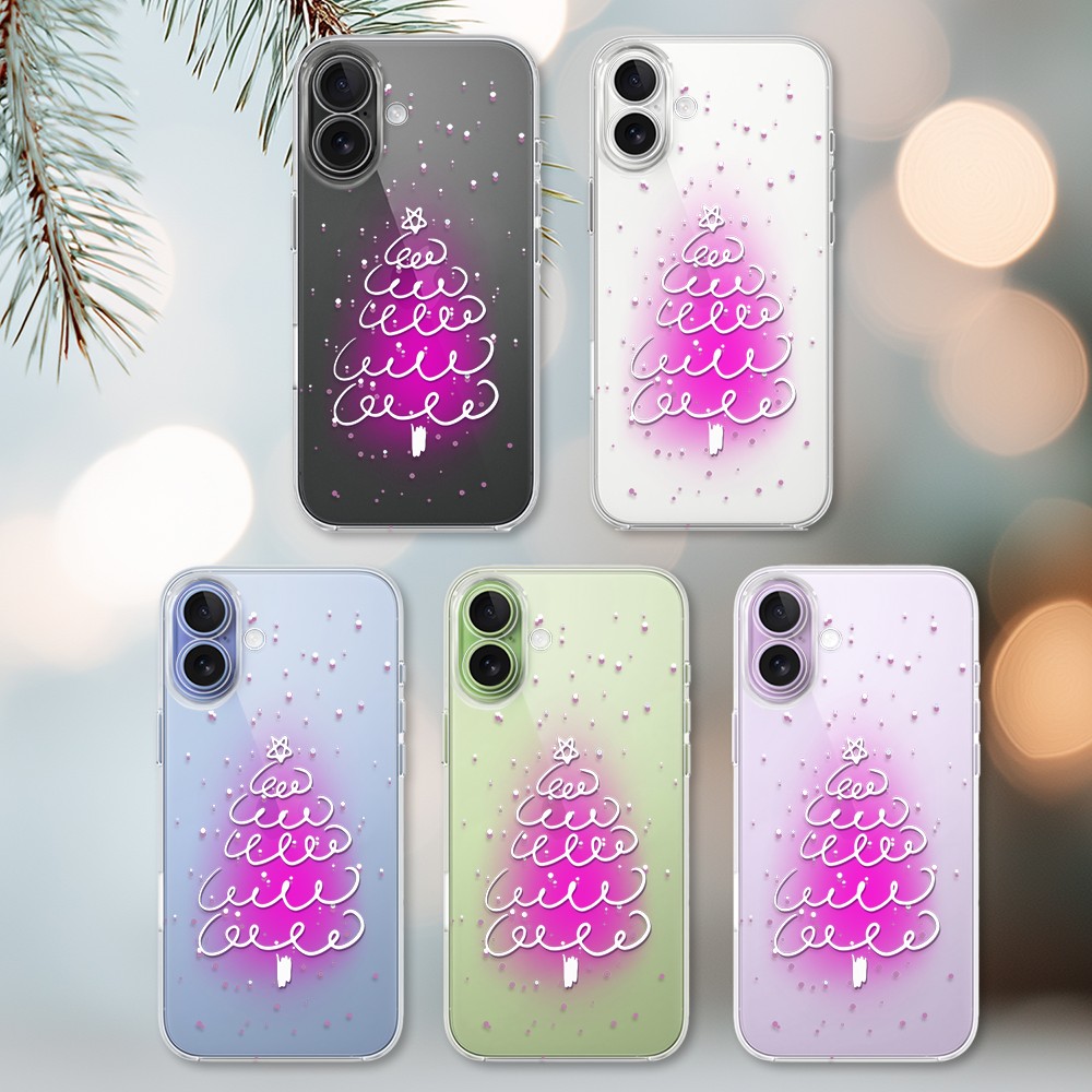 Etui do iPhone 17, malowana choinka na różowym świetle, przeźroczyste (3)