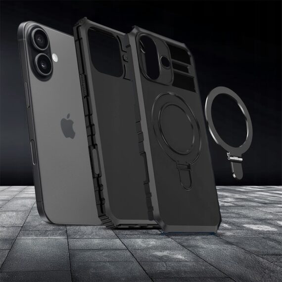 Etui do iPhone 17, pancerne, z osłoną aparatu i metalową podstawką MagSafe, czarne (5)