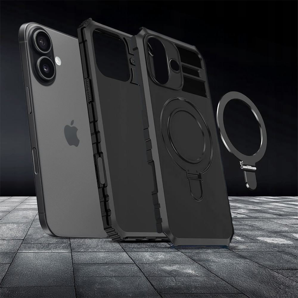 Etui do iPhone 17, pancerne, z osłoną aparatu i metalową podstawką MagSafe, czarne (5)