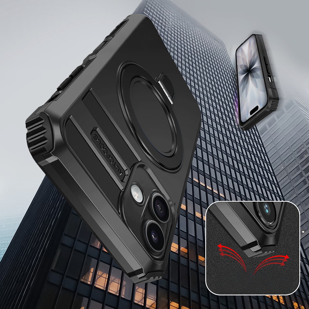 Etui do iPhone 17, pancerne, z osłoną aparatu i metalową podstawką MagSafe, czarne (7)