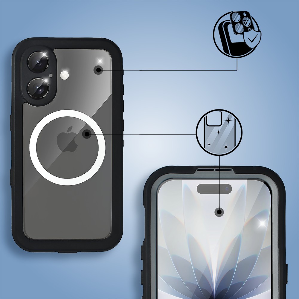 Etui do iPhone 17 wodoodporne z MagSafe, pancerne, przeźroczyste, czarne (5)