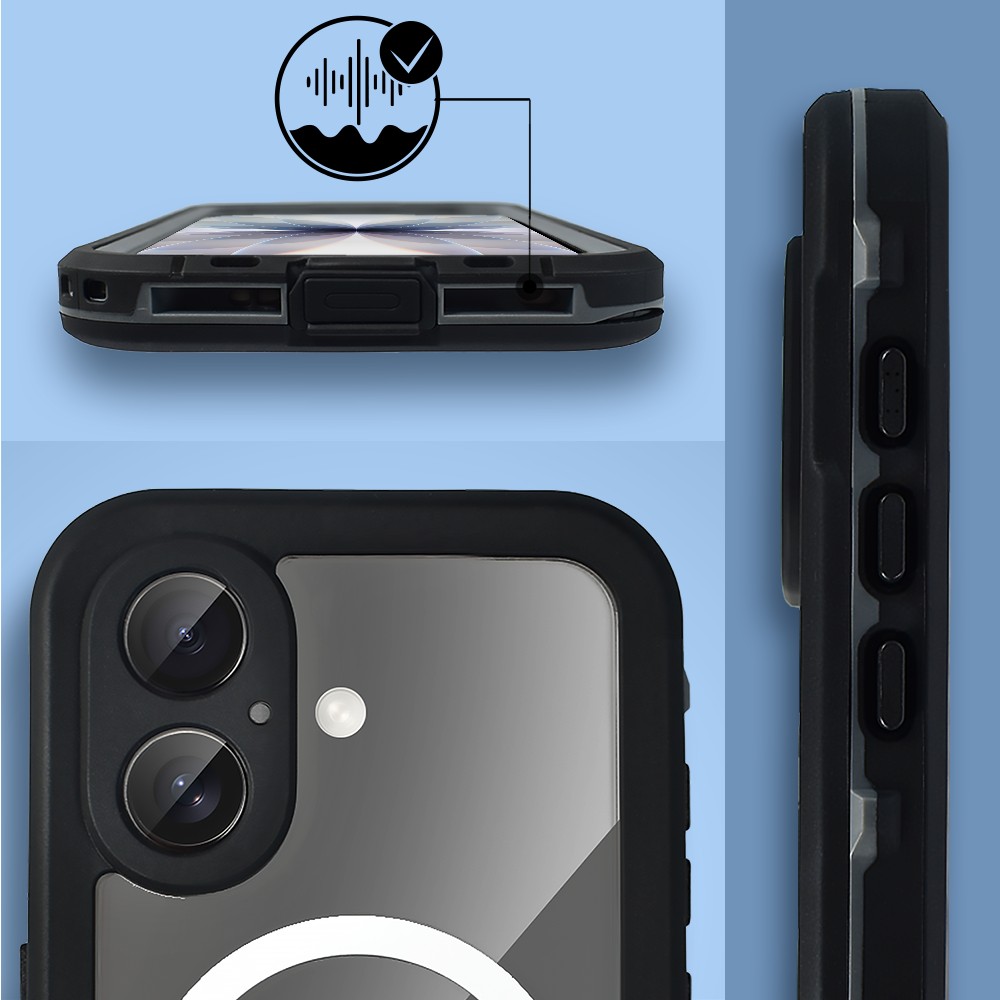 Etui do iPhone 17 wodoodporne z MagSafe, pancerne, przeźroczyste, czarne (6)