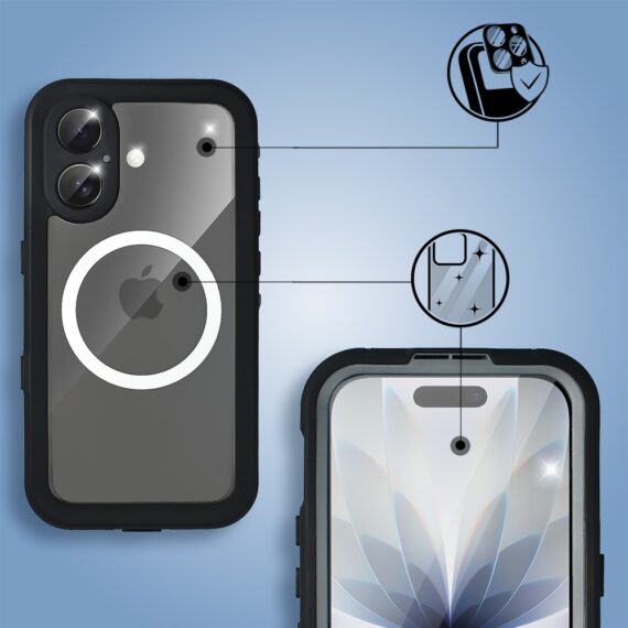 Etui do iPhone 17 wodoodporne z MagSafe, pancerne, przeźroczyste, czarne - poprawione (3)