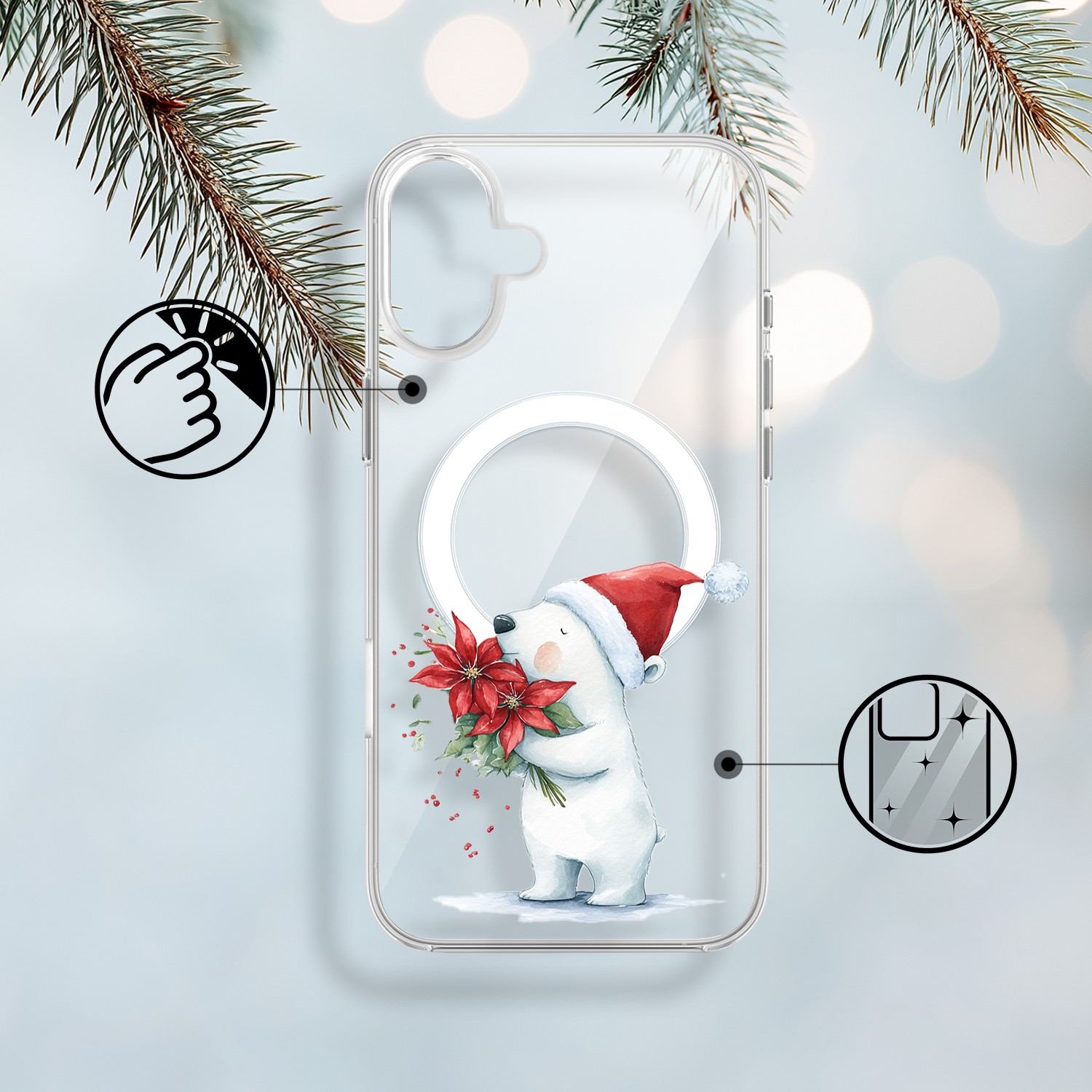 Etui do iPhone 17 z MagSafe, Przytulne święta, Miś świąteczny, przeźroczyste 17-1
