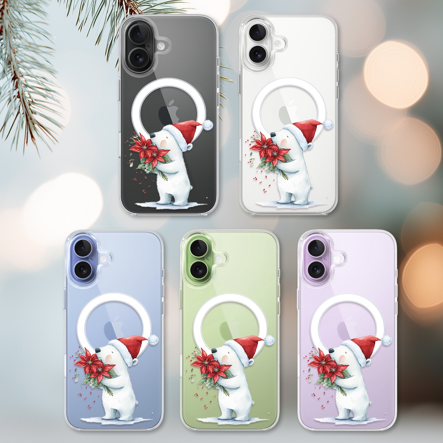 Etui do iPhone 17 z MagSafe, Przytulne święta, Miś świąteczny, przeźroczyste 17-2