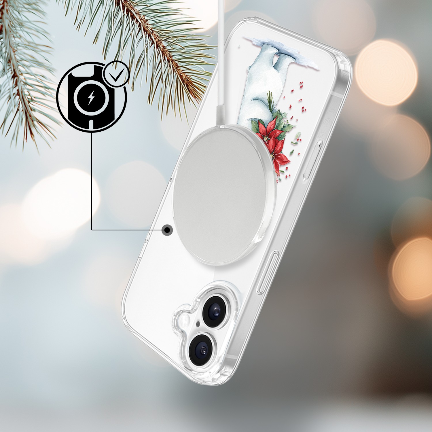 Etui do iPhone 17 z MagSafe, Przytulne święta, Miś świąteczny, przeźroczyste 17-3