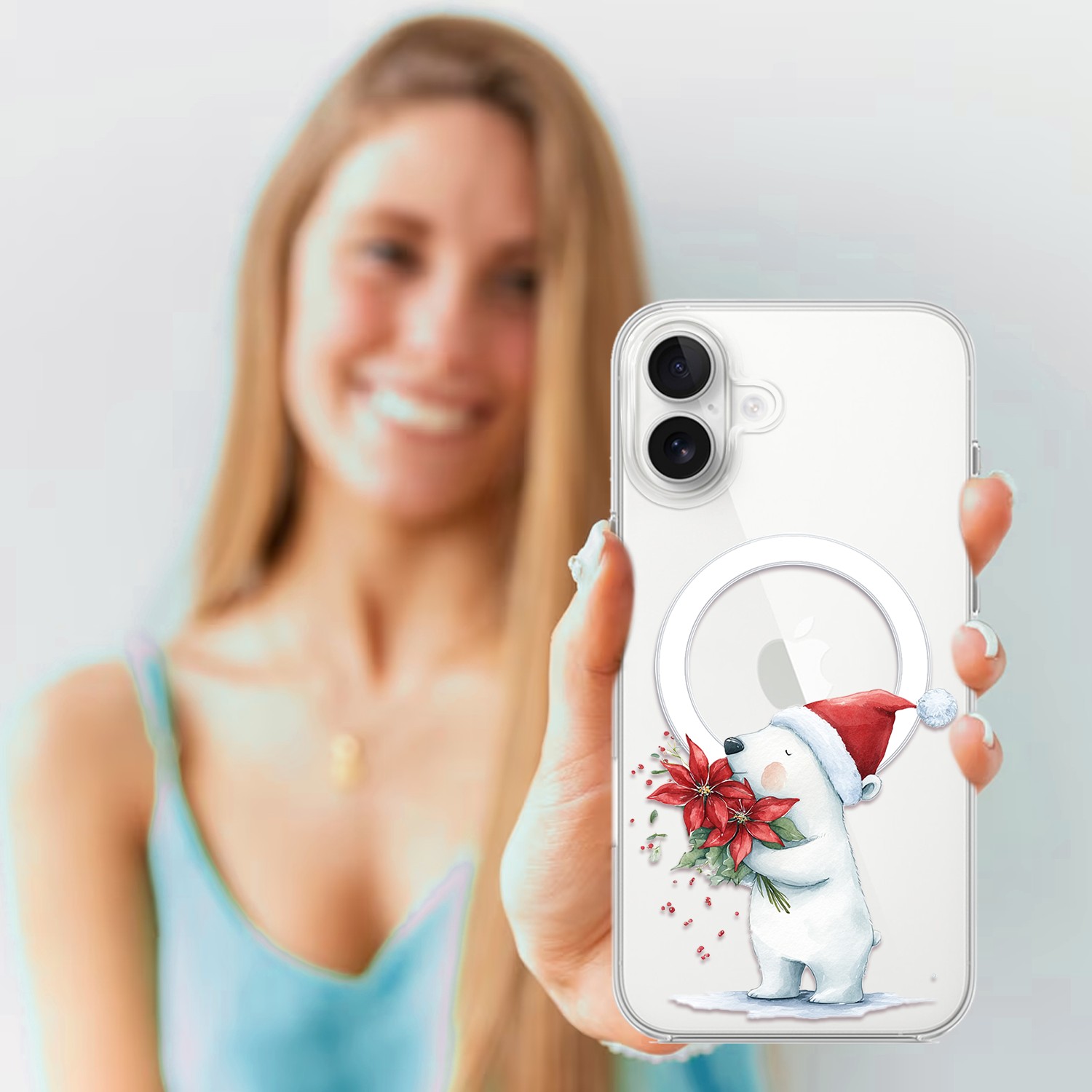 Etui do iPhone 17 z MagSafe, Przytulne święta, Miś świąteczny, przeźroczyste 17-4