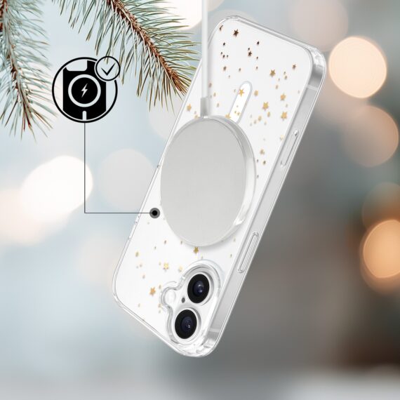 Etui do iPhone 17 z MagSafe, Zimowa Magia, Złote gwiazdki, przeźroczyste 17-3