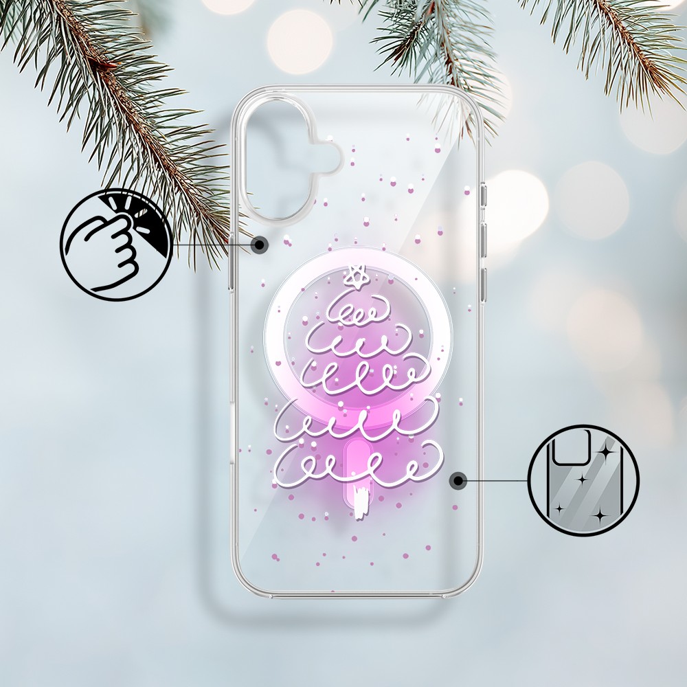 Etui do iPhone 17 z MagSafe, malowana choinka na różowym świetle, przeźroczyste1