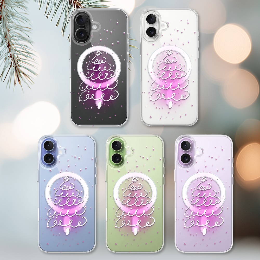 Etui do iPhone 17 z MagSafe, malowana choinka na różowym świetle, przeźroczyste2